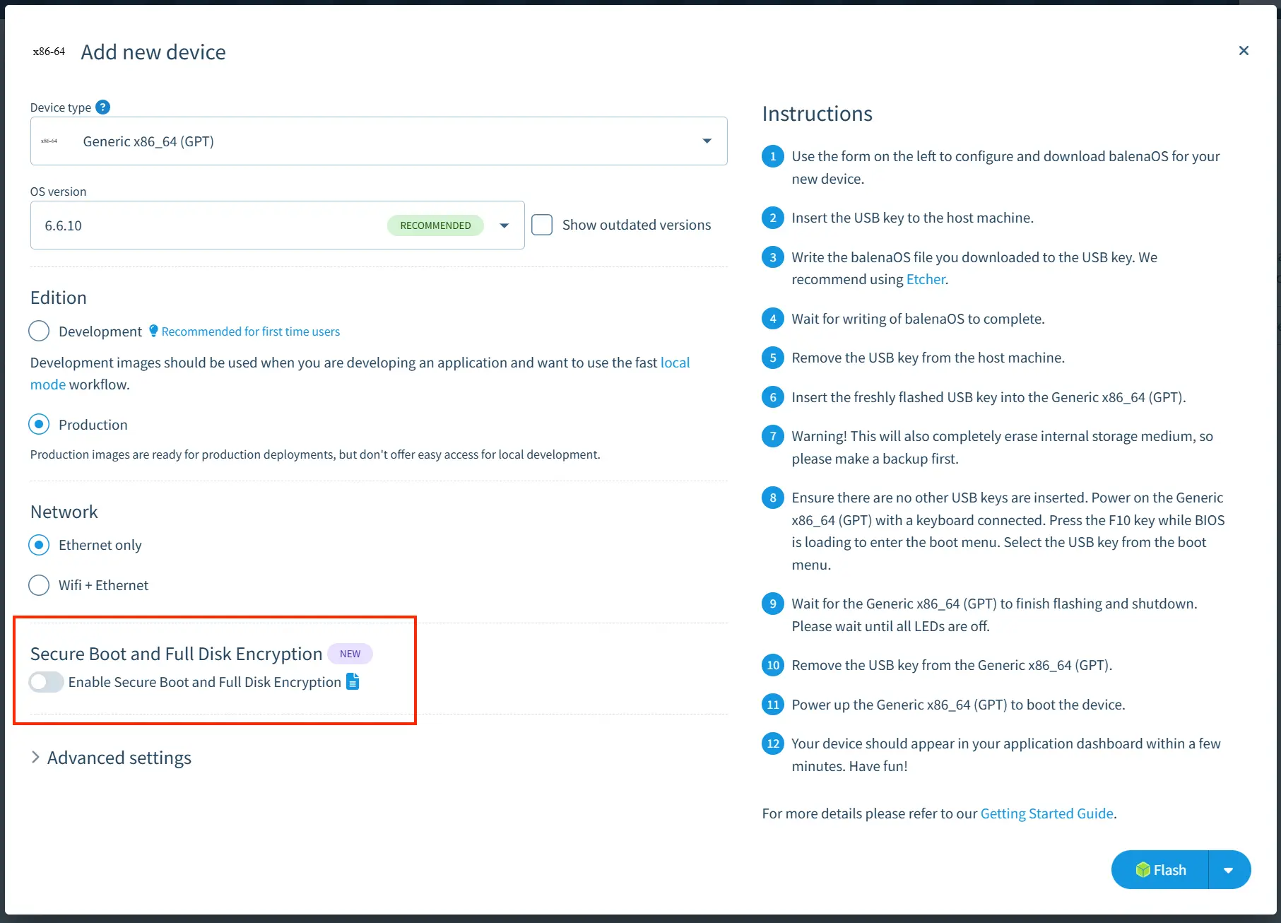 Add a device modal with secure boot and full disk encryption modal